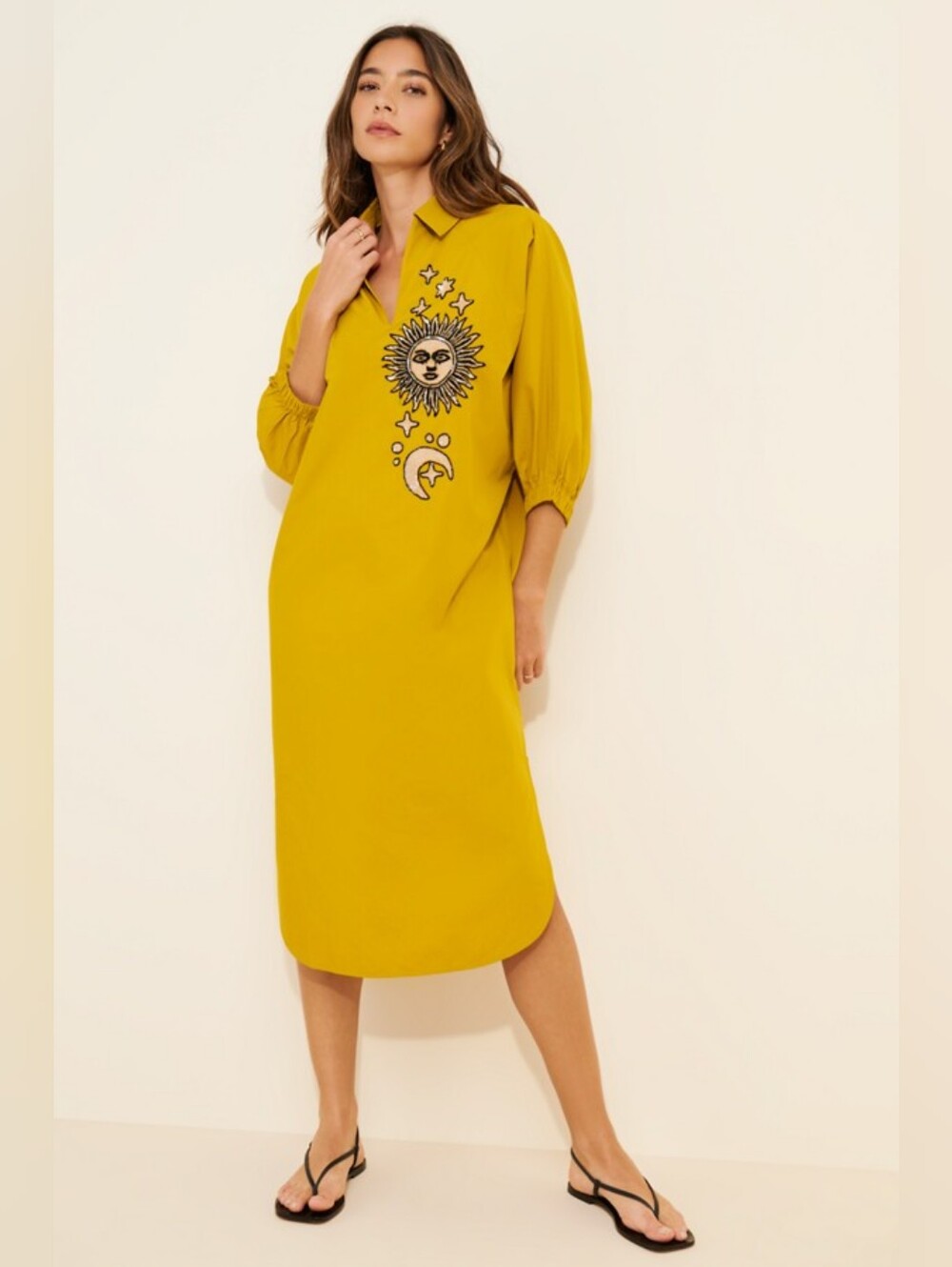 Dhruv Kapoor Collared Batwing Celestial Embroidered Midi Dress Yellow